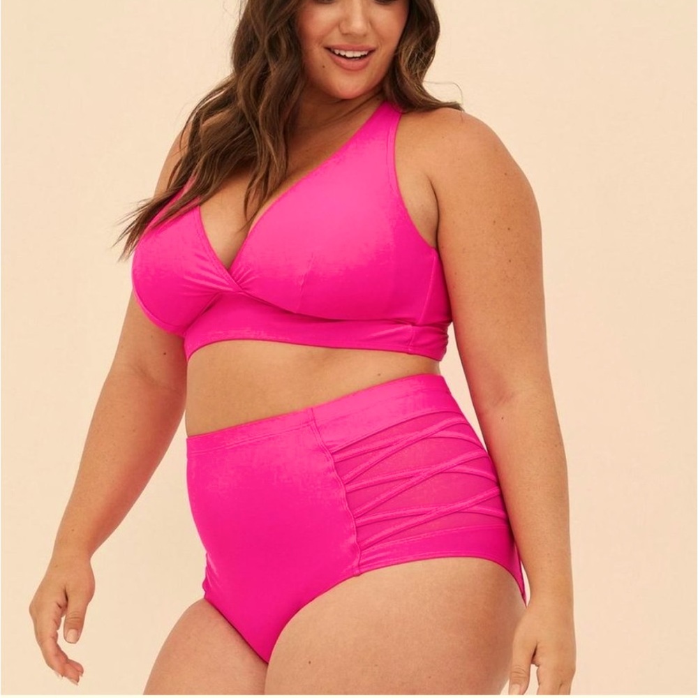 Torrid Neon Hot Pink Wireless Triangle Bikini Top & Hi Rise Bikini Bottoms.